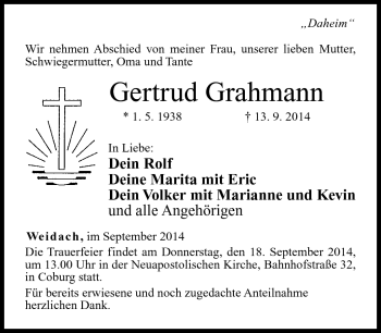 Traueranzeige von Gertrud Grahmann von Neue Presse Coburg