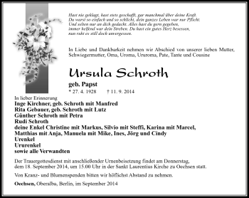 Traueranzeige von Ursula Schroth von Südthüringer Presse