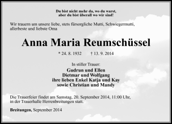 Traueranzeige von Anna Maria Reumschüssel von Südthüringer Presse