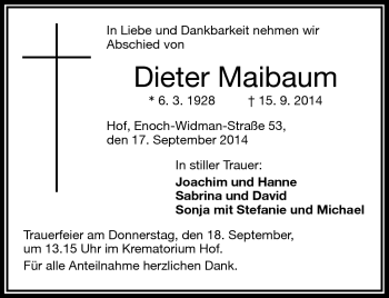 Traueranzeige von Dieter Maibaum von Frankenpost