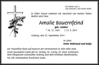 Traueranzeige von Amalie Bauernfeind von Frankenpost