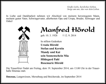 Traueranzeige von Manfred Hörold von Südthüringer Presse