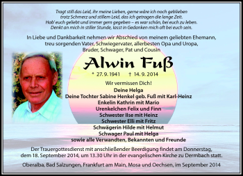 Traueranzeige von Alwin Fuß von Südthüringer Presse