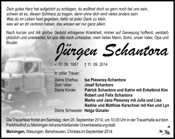 Traueranzeige von Jürgen Schantorra von Südthüringer Presse