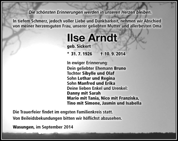Traueranzeige von Ilse Arndt von Südthüringer Presse