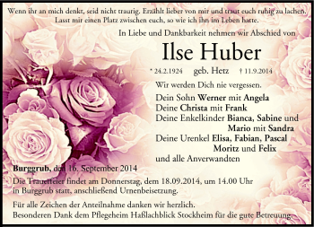 Traueranzeige von Ilse Huber von Neue Presse Coburg