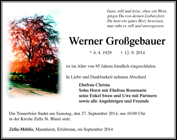 Traueranzeige von Werner Großgebauer von Südthüringer Presse