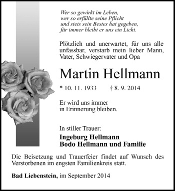 Traueranzeige von Martin Hellmann von Südthüringer Presse