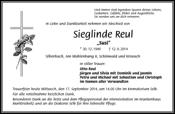 Traueranzeige von Sieglinde Reul von Frankenpost