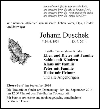 Traueranzeige von Johann Duschek von Neue Presse Coburg
