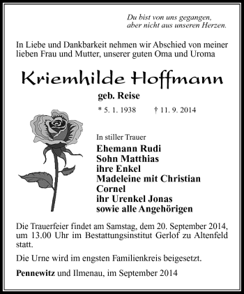Traueranzeige von Kriemhilde Hoffmann von Südthüringer Presse