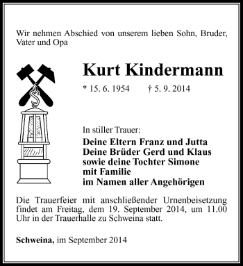 Traueranzeige von Kurt Kindermann von Südthüringer Presse