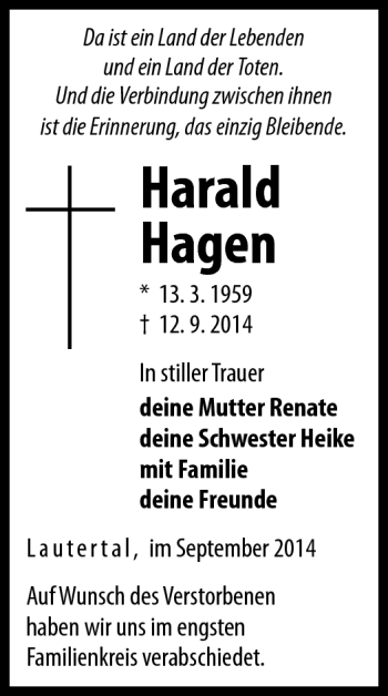 Traueranzeige von Harald Hagen von Neue Presse Coburg