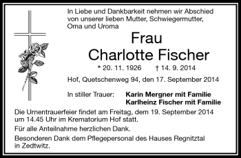 Traueranzeige von Charlotte Fischer von Frankenpost