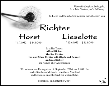 Traueranzeige von HorstLieselotte RichterRichter von Südthüringer Presse