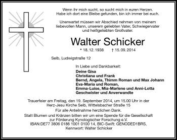 Traueranzeige von Walter Schicker von Frankenpost
