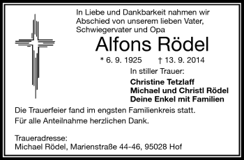 Traueranzeige von Alfons Rödel von Frankenpost