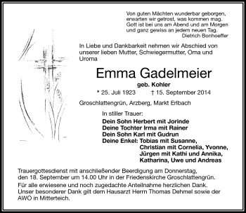 Traueranzeige von Enn Gadelmeier von Frankenpost