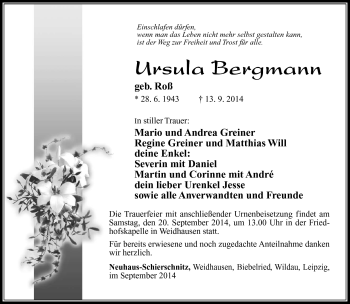 Traueranzeige von Ursula Bergmann von Südthüringer Presse