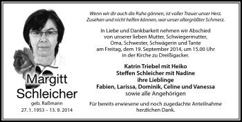 Traueranzeige von Margitt Schleicher von Südthüringer Presse