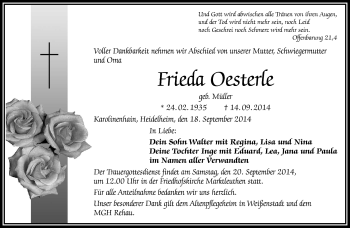 Traueranzeige von Frieda Oesterle von Frankenpost