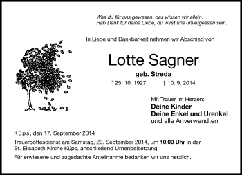 Traueranzeige von Lotte Sagner von Neue Presse Coburg