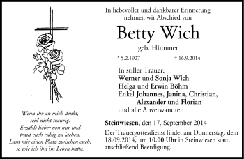 Traueranzeige von Betty Wich von Neue Presse Coburg