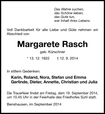 Traueranzeige von Margarete Rasch von Südthüringer Presse