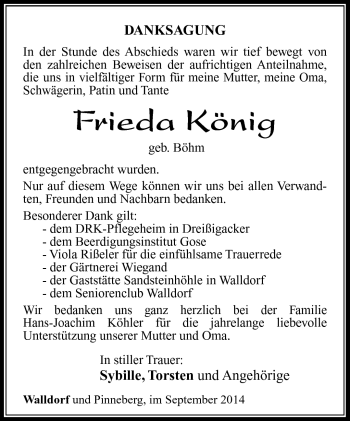 Traueranzeige von Frieda König von Südthüringer Presse
