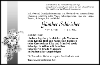Traueranzeige von Günther Schleicher von Südthüringer Presse
