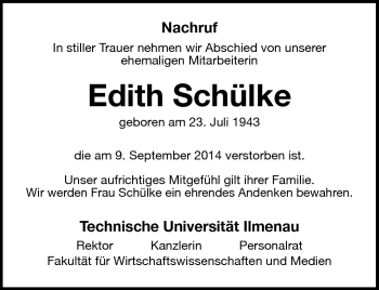 Traueranzeige von Edith Schülke von Südthüringer Presse