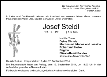 Traueranzeige von Josef Steidl von Neue Presse Coburg