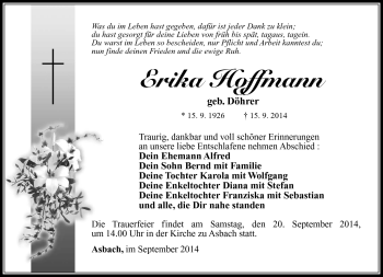 Traueranzeige von Erika Hoffmann von Südthüringer Presse