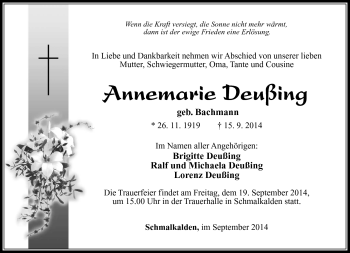 Traueranzeige von Annemarie Deußing von Südthüringer Presse