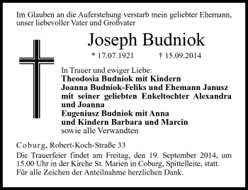 Traueranzeige von Joseph Budniok von Neue Presse Coburg