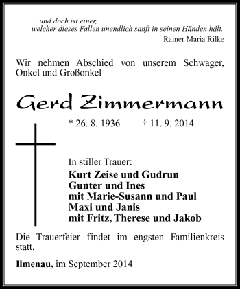 Traueranzeige von Gerd Zimmermann von Südthüringer Presse