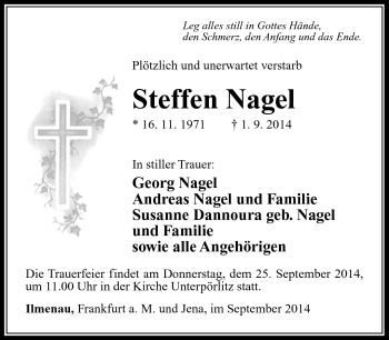 Traueranzeige von Steffen Nagel von Südthüringer Presse