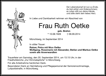 Traueranzeige von Ruth Oetke von Frankenpost