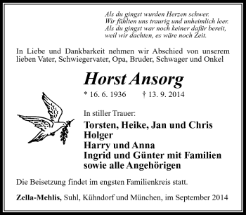 Traueranzeige von Horst Ansorg von Südthüringer Presse
