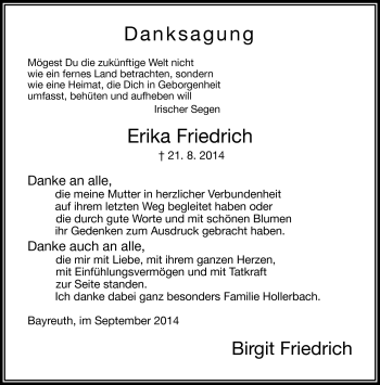 Traueranzeige von Erika Friedrich von Frankenpost