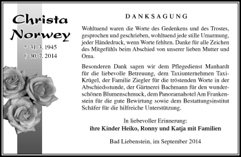 Traueranzeige von Christa Norwey von Südthüringer Presse