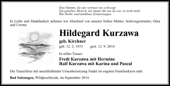 Traueranzeige von Hildegard Kurzawa von Südthüringer Presse