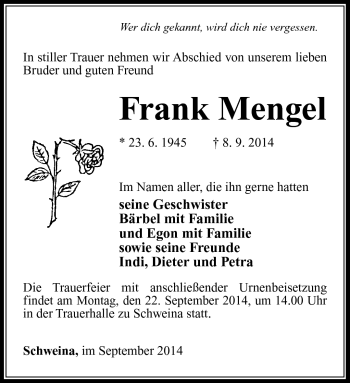 Traueranzeige von Frank Mengel von Südthüringer Presse