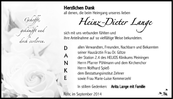 Traueranzeige von Heinz-Dieter Lange von Südthüringer Presse