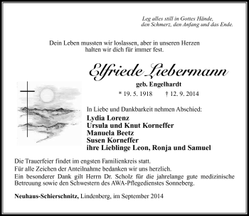 Traueranzeige von Elfriede Liebermann von Südthüringer Presse