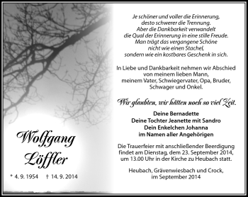 Traueranzeige von Wolfgang Löffler von Südthüringer Presse