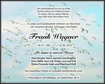 Traueranzeige von Frank Wagner von Südthüringer Presse