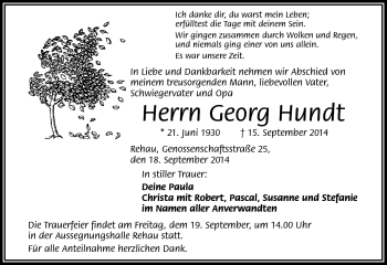 Traueranzeige von Georg Hundt von Frankenpost