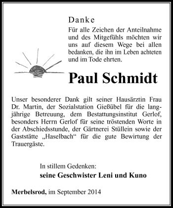 Traueranzeige von Paul Schmidt von Südthüringer Presse