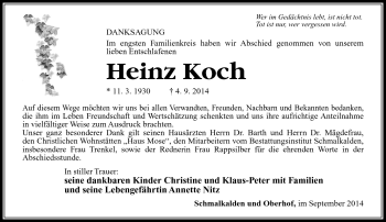 Traueranzeige von Heinz Koch von Südthüringer Presse